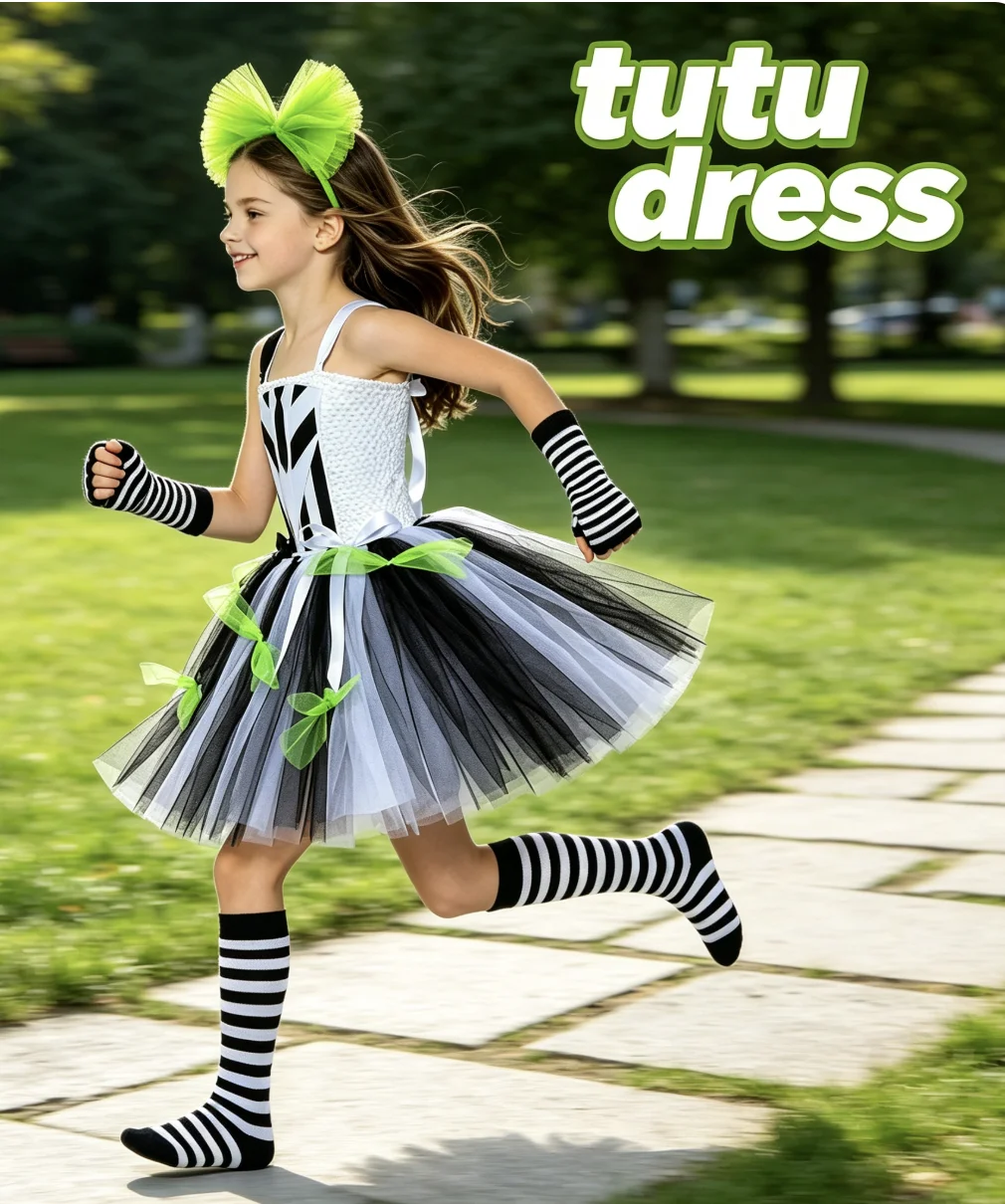 Children Halloween Holiday Party Role Play Fashion Unique Design Spliced Color Mesh Tutu Dress With Green Fluffy Headband Outfit