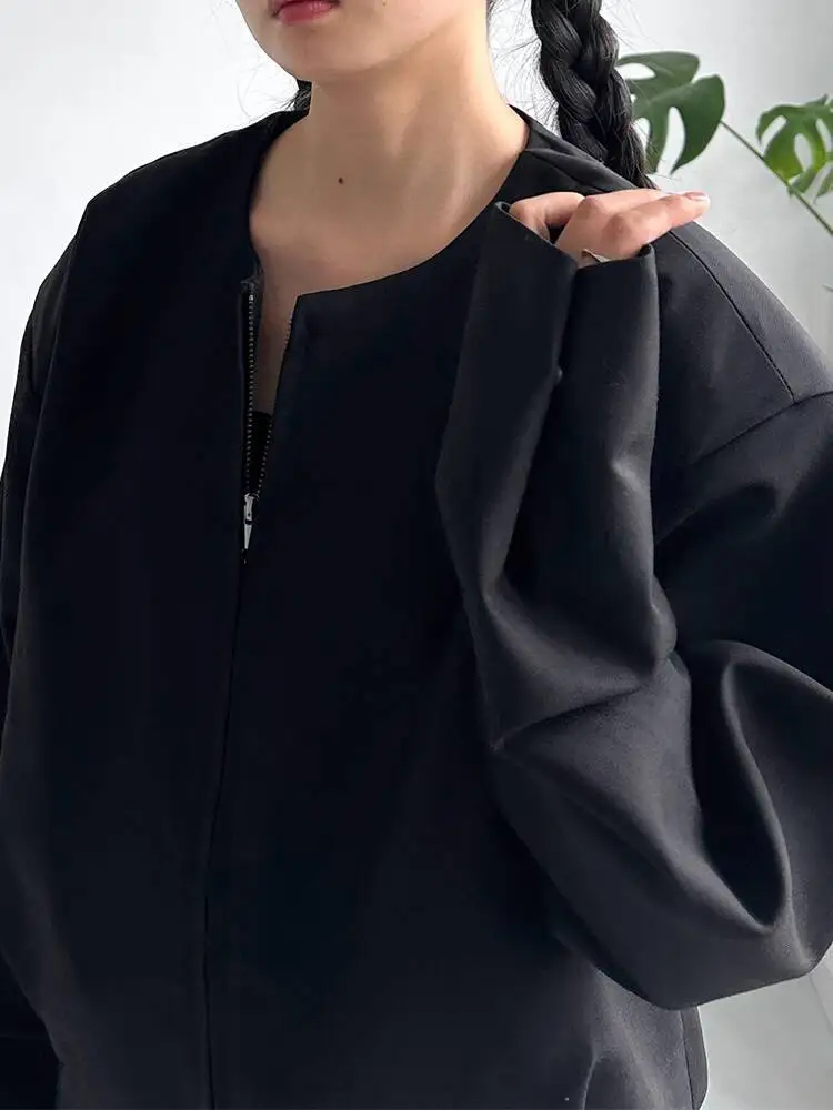 HUISONG Korean Minimalist Collarless Blazer Versatile Short Jacket Cardigan Double-Zip Loose Casual Top Fashion Spring Autumn