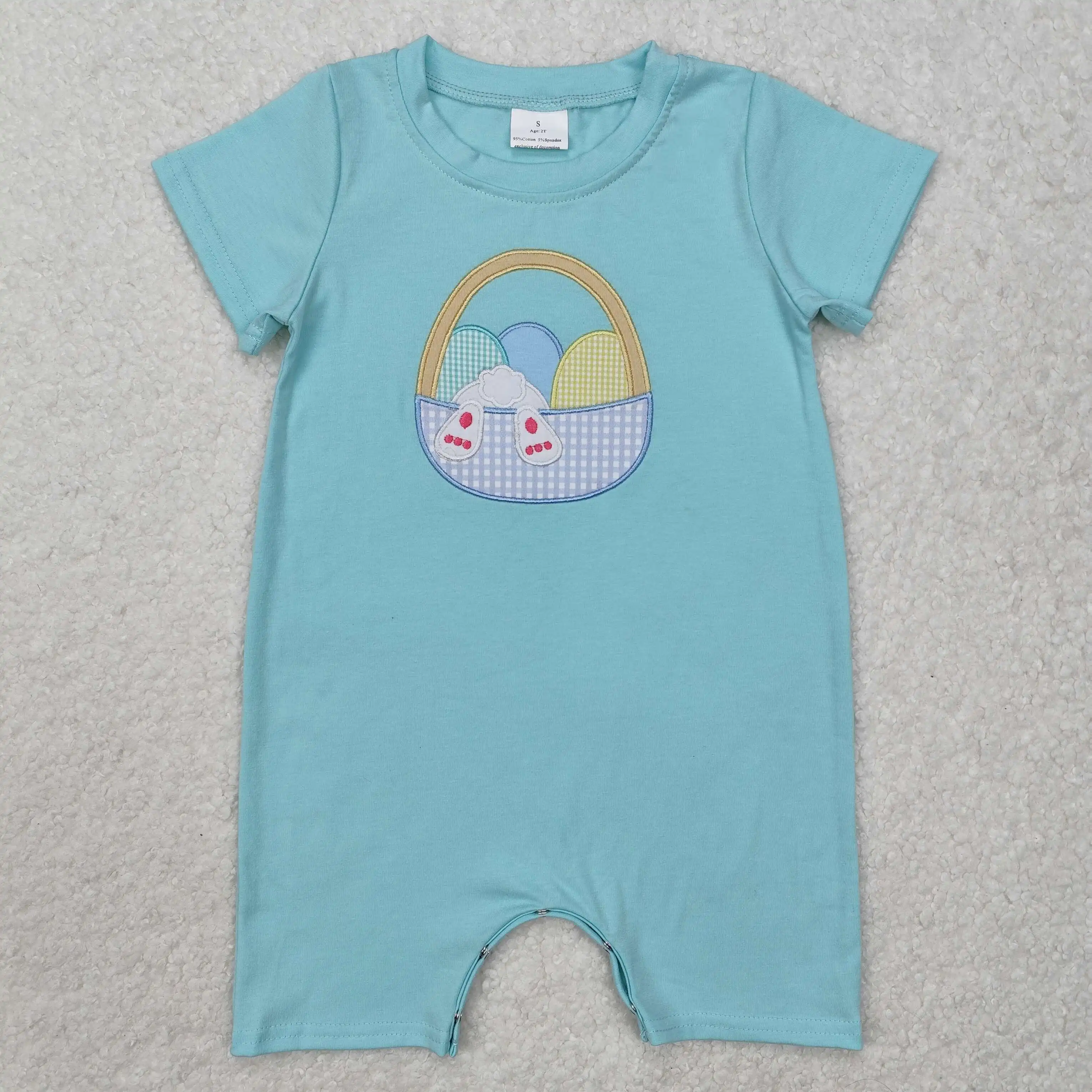 

New rts baby boys easter rompers wholesale boutique embroidery boy easter bunny egg basket teal short sleeve girl romper