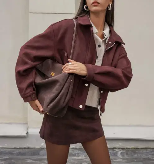 

Женская коричневая замшевая кожаная куртка с длинными рукавами и лацканами, осень-зима, модная верхняя одежда, темпераментная ниша