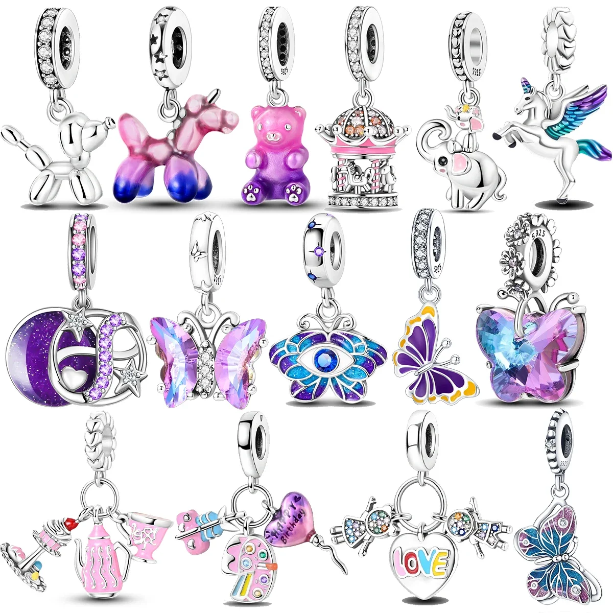 

925 sterling silver purple unicorn jelly panda charms fit original Pandora bracelet charm beads necklace Diy female jewelry