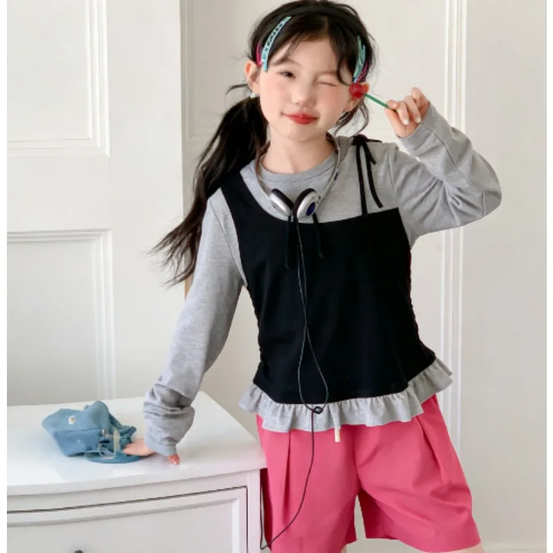 

Baby Girls' Clothing Long Sleeved 2026 New Spring Summer Autumn New Fake Two-piece Korean Fashionable Base T-shirt