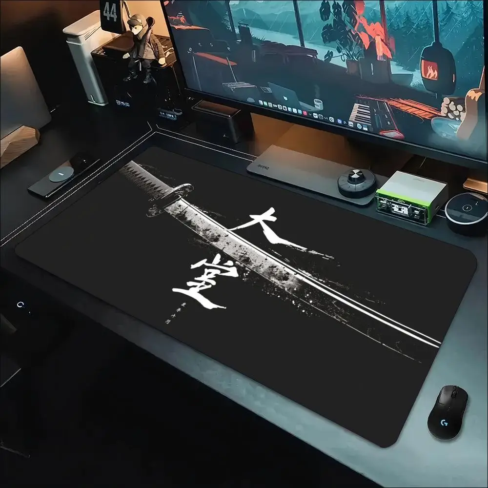 Japanese Samurai Sword Large Mouse Pad Non Slip Rubber Desk Mat Stitched Edge For Computer Laptop Home Office Gaming Workspace