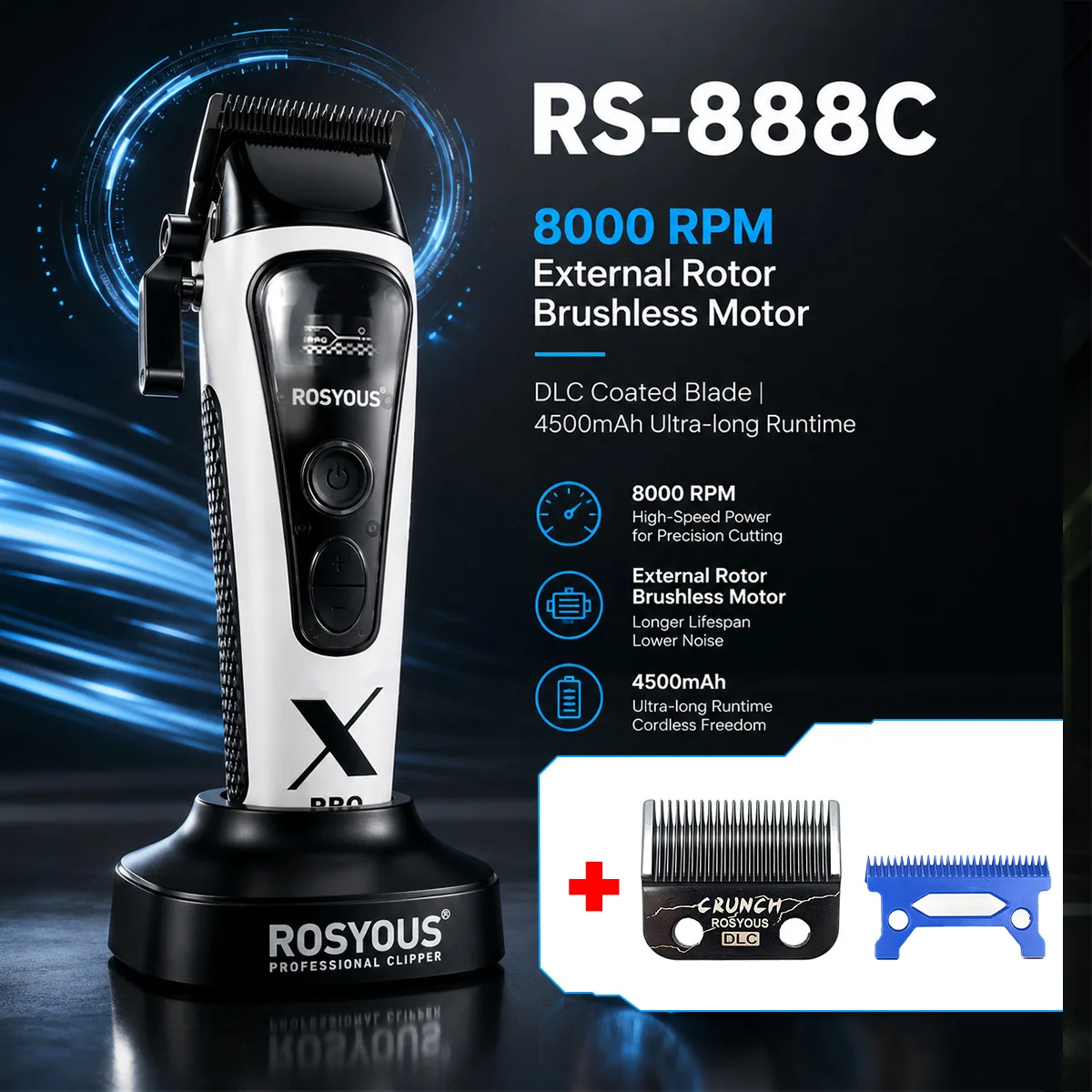 ROSYOUS RS-888C Clippers for Men 8000RPM DLC Blade with Dock External Rotor Brushless Motor Professional Hair Cutting Machine