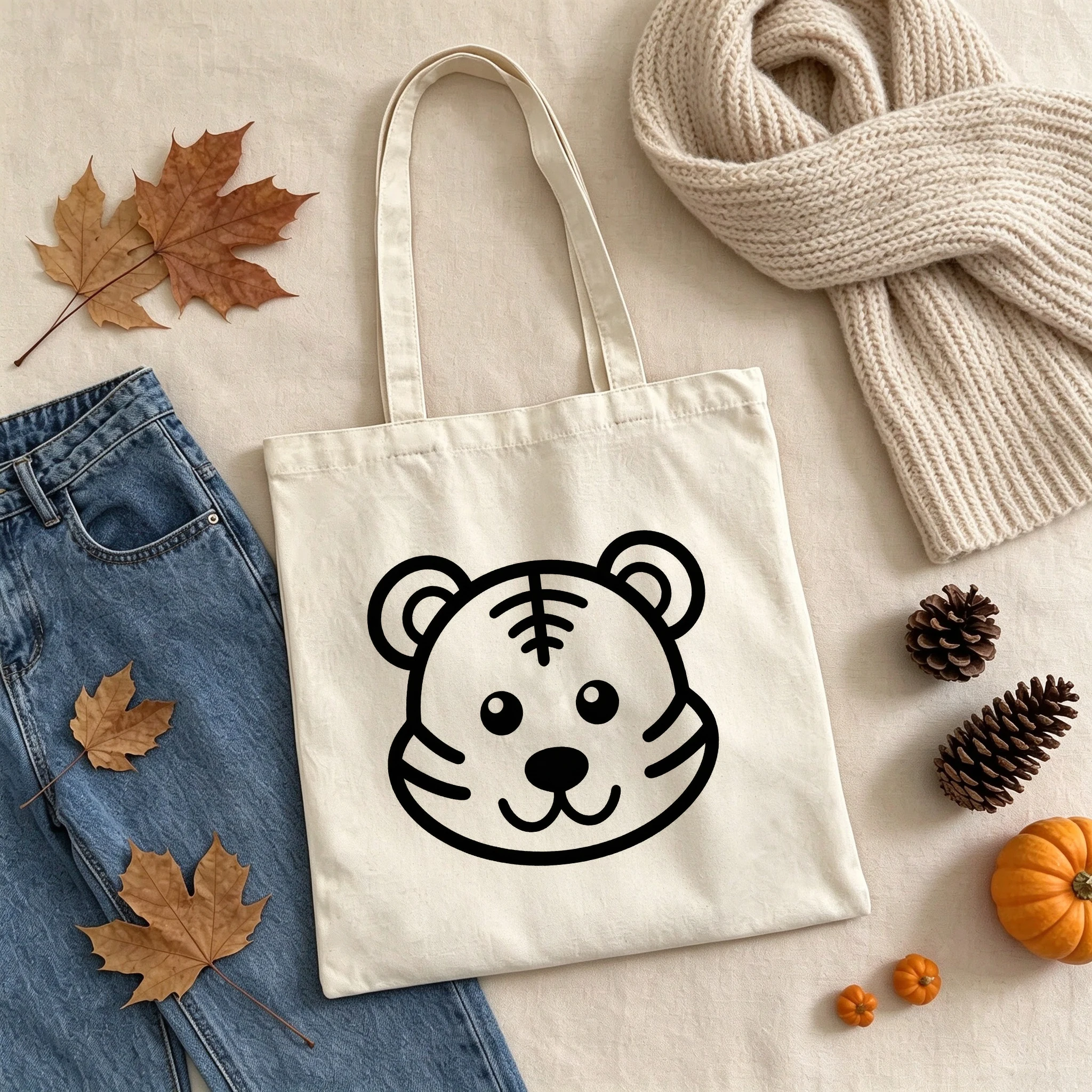 Personalized Tiger Face Canvas Tote Bag Custom Name Minimalist Line Art Cute Simple Grocery Shopping Bag Reusable for Women Gift