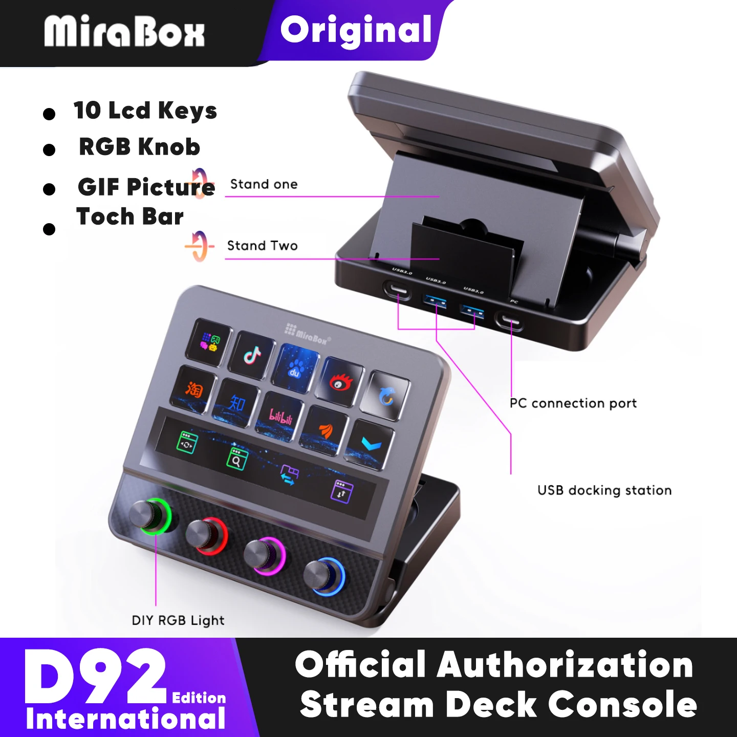 Mirabox N4Pro N4 Pro 10-Key Visual Stream Deck Streamdeck Deck Dock Macro Pad Controller Desktop Console Stream Desk For OBS