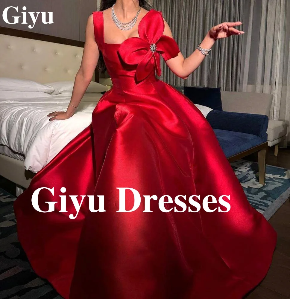 Giyu Elegant Burgundy Satin Evening Dress Square Neck Sleeveless Chest Large Flower Decoration Formal Party Dress Customized