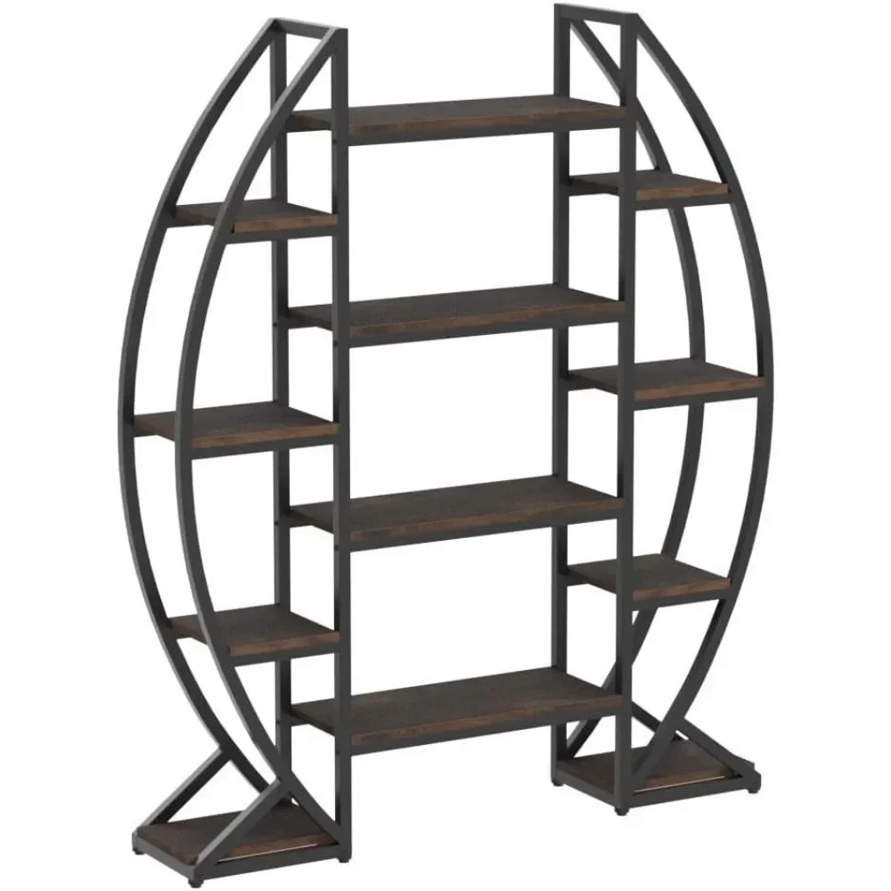 Oval Bookshelf, Triple Wide 5 Tier Etagere Bookcase, Industrial Display Shelves for Living Room