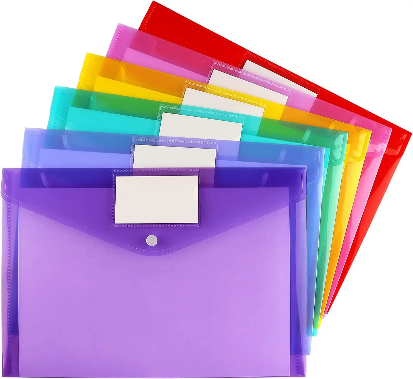 

6 Pack Clear Plastic Envelopes with Snap Button and Label Pocket for Office Home Organization, Letter/A4 Size in 6 Colors