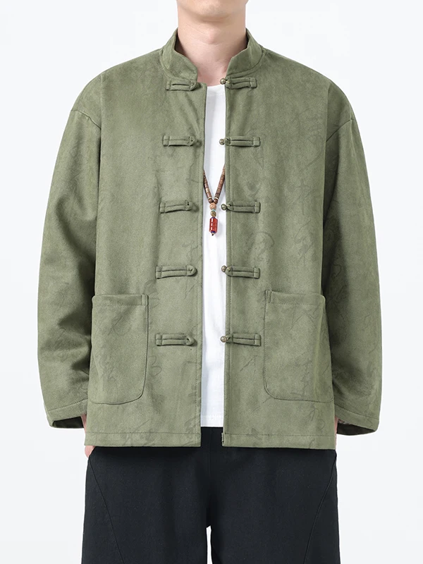 

Men's Suede Jaet Autumn Winter Stand Collar Embroidered Loose Tang Suit Outerwear Chinese Sle Long Sve Youth Faion