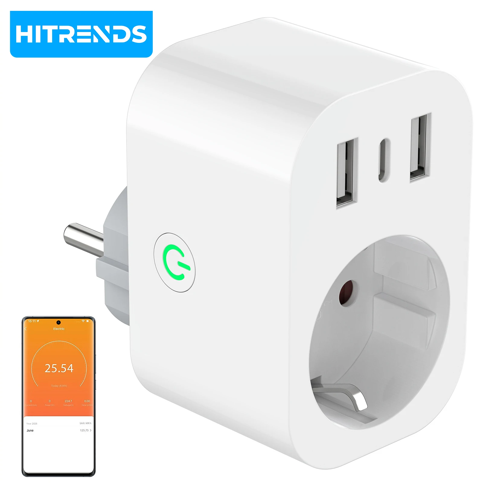 HITRENDS Smart Plug WIFI Socket with USB, Current Measurement, WiFi Remote Control via Smart Life App, Voice Control Alexa