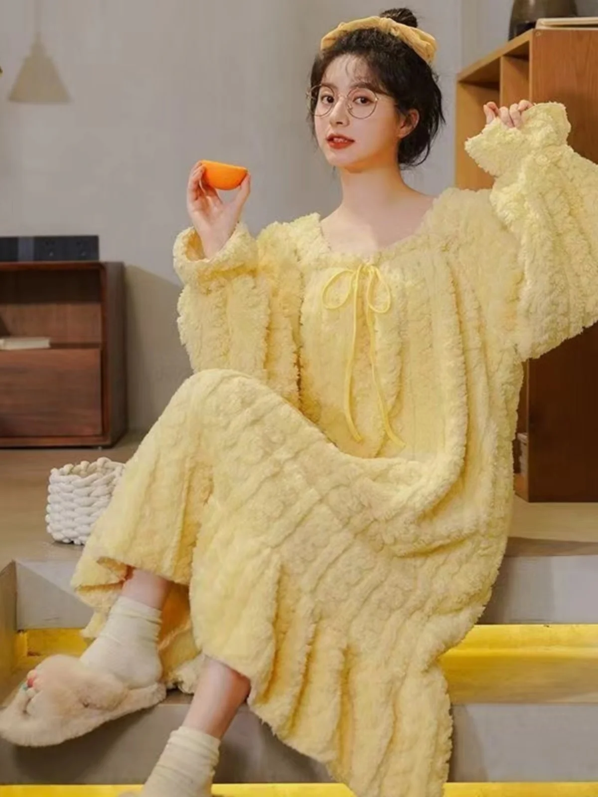 Thickened Fleece Long Coral Sleep Dress Knee-Length Princess Style Flannel Pajamas Cute Home Clothes Winter Season Youth