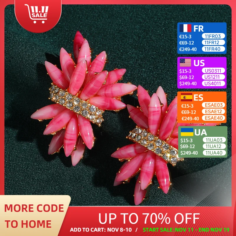 

Luxury Coral Pink Earrings Rhinestones For Women Bouquet Rose Red Elegant Luxury Gold Color Accessories Gift Wedding Brides 2025