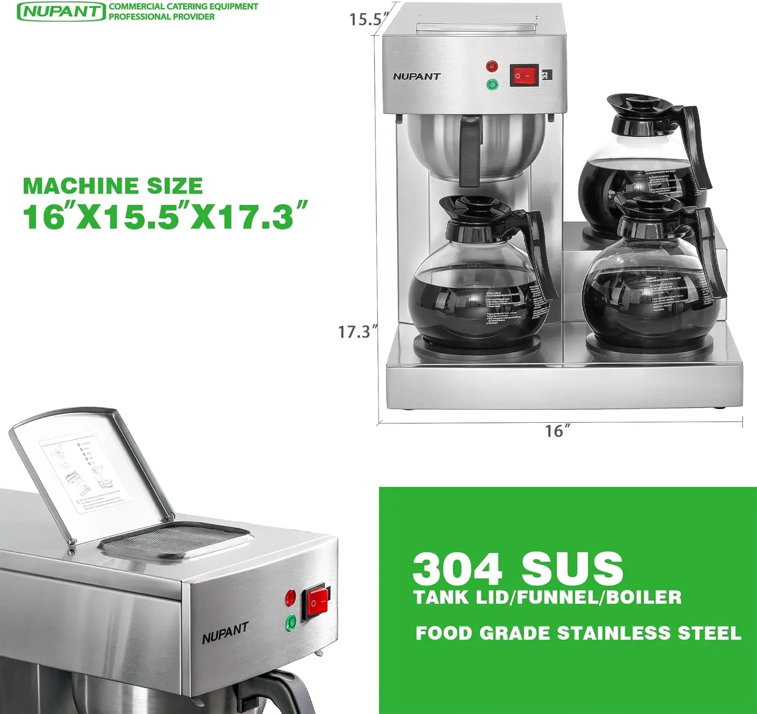 Caffettiera commerciale da 12 tazze, macchina per caffè americano con 3 piastre scaldavivande e 3 decanter in vetro, versare in acciaio inossidabile