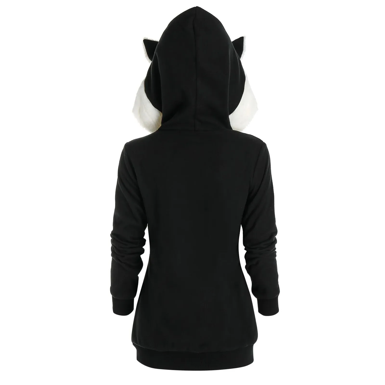 Mulheres orelhas de gato com capuz moletom de pelúcia com zíper cardigan mangas compridas fino ajuste hoodies senhoras bolsos grandes preto hoodies casaco