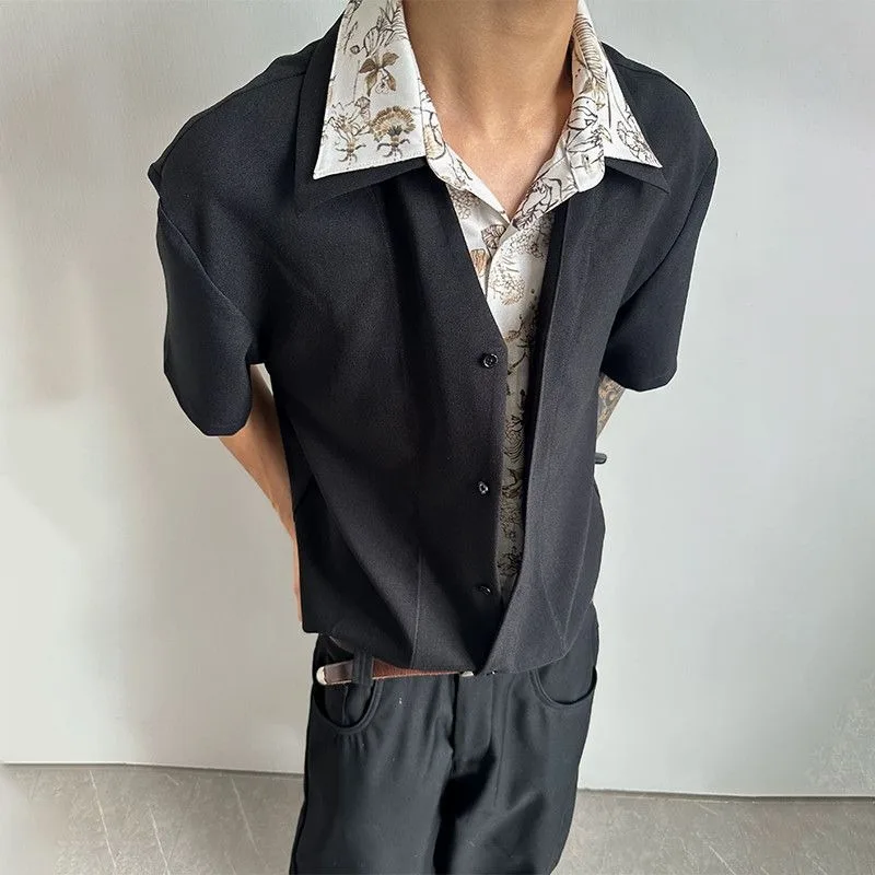 

Men Fake Two Piece Short Sleeve Shirt Turn Down Collar Floral Print Patchwork Button Up Casual Loose Top