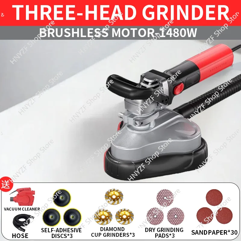 Handheld Triple-Head Dust-Free Cement Grinder Epoxy Floor Polisher Concrete Floor Renovation Terrazzo Grinder