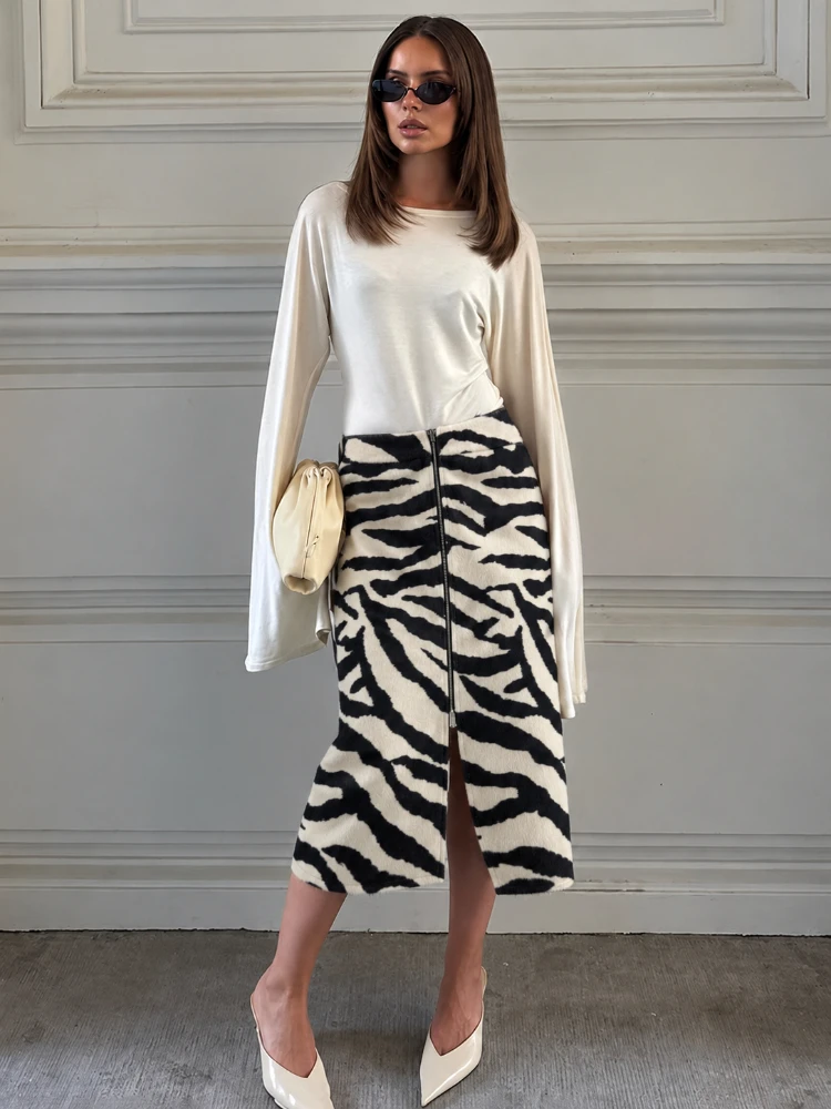 Tsiisd Women Zebra Print Midi Skirt High Waist Zip Contrast Brushed Slim Fit Fall Winter Elegant Commute Women's Clothing Skirts