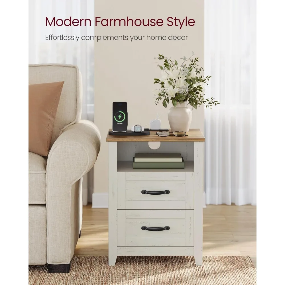 زوج من طاولات الشحن ذات الطراز الريفي مع أدراج مزدوجة ورف مفتوح للاستخدام بجانب السرير #4