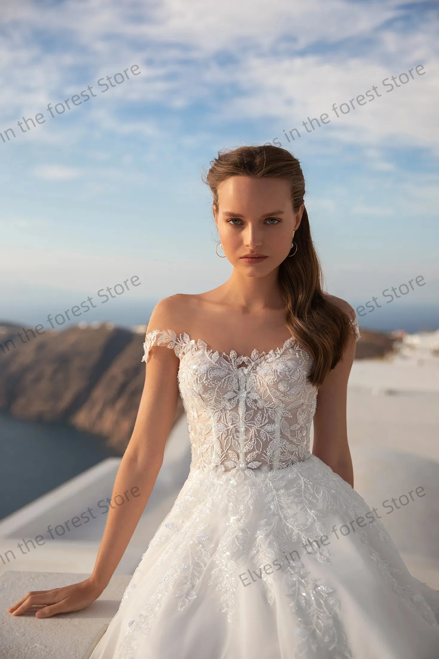 ชุดแต่งงานทรงเอไลน์สไตล์โบฮีเมียนสำหรับผู้หญิง แบบสั่งตัด คอทรงโอ ประดับลูกปัด ผ้าทูลล์ แต่งลูกไม้หรูหรา ชุดเจ้าสาว