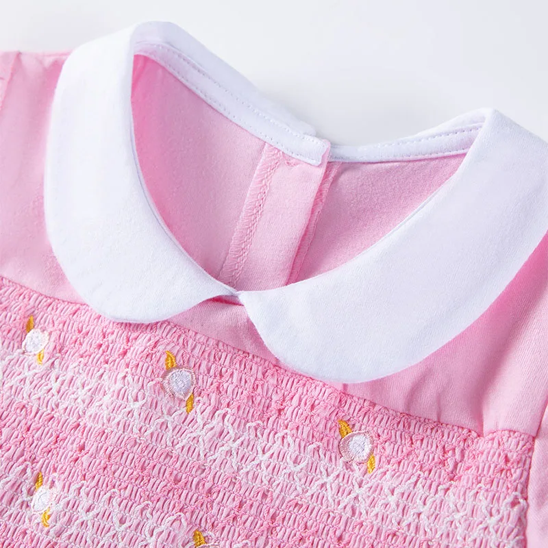 TUONXYE Baby Girls Cotton Short Sleeve Pink Dress Doll Collar Back Button Smocked Embroidery Kids Princess Casual Party Dresses