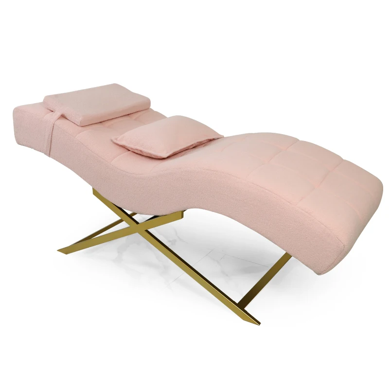 Modern pink beauty treatment table, stylish gold metal base design, suitable for eyebrow care, and body care services