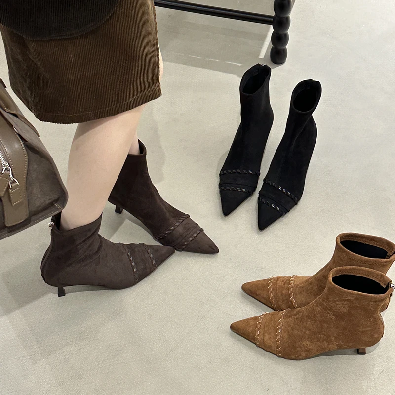 

SUOJIALUN New Brand Winter Women Short Boots Fashion Weave Pointed Toe Ladies Elegant Ankle Boots Thin High Heel Chelsea Boots