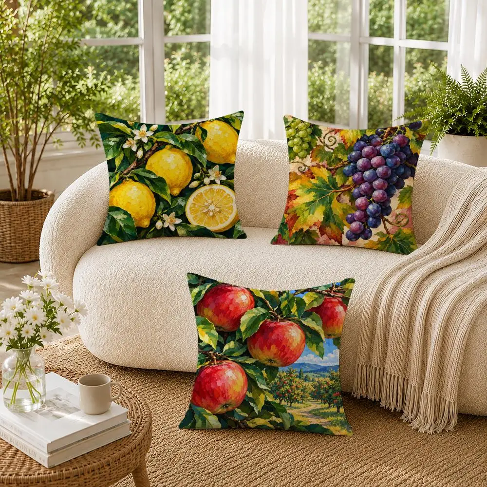 Fruit Orchard Lemon Apple Pomegranate Grape Cushion Cover Double-Sided Sofa Pillow Cases Organic Breathable Invisible Zipper