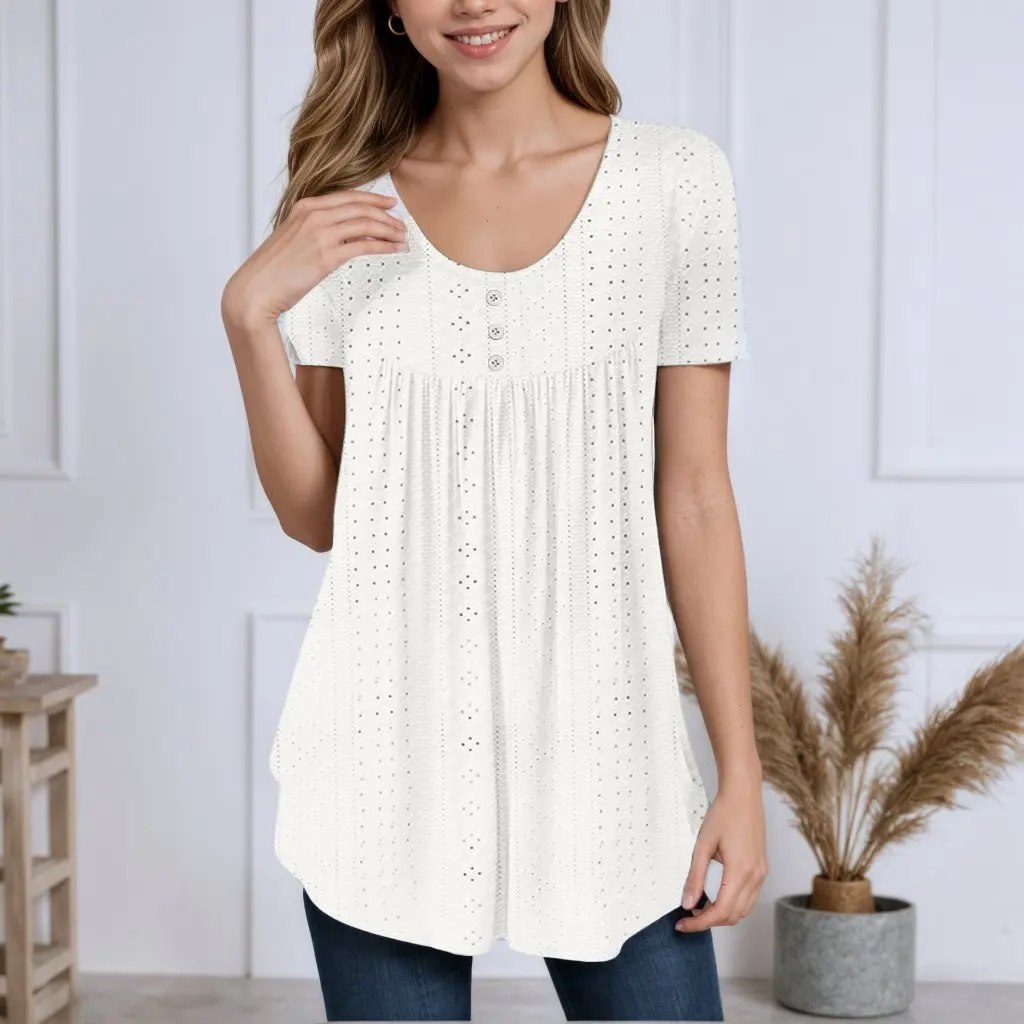 

Summer New round Neck Short-Sleeved Pleated T-Shirt Loose Pure Color Cut out Top for Women European And American Style