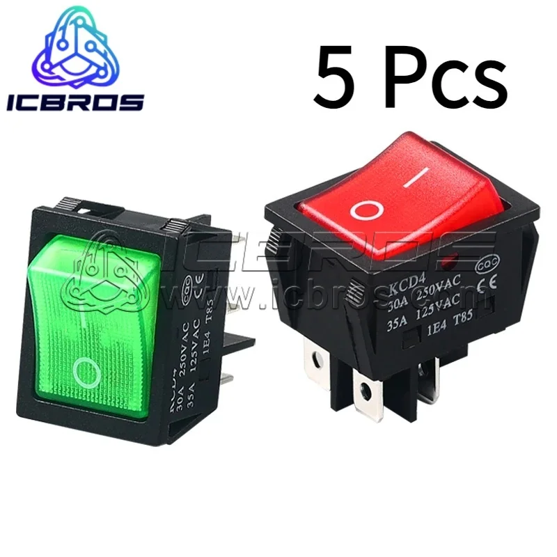 5pcs Welding machine high current boat type switch, 35A, high-power rocker power KCD4 with light boat shaped four legs red green