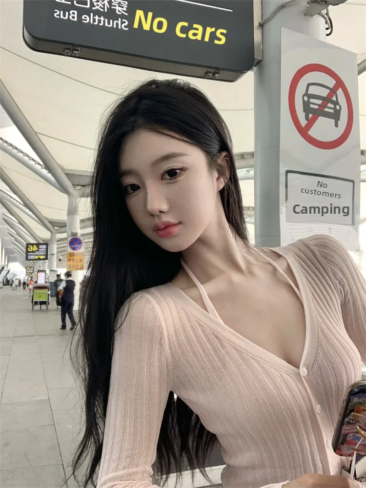 Pink V-Neck Long Sleeve Knitted Sun Protection Shirt Women Summer Sweet Spicy Thin Fake Two-Piece Open Cardigan Outerwear