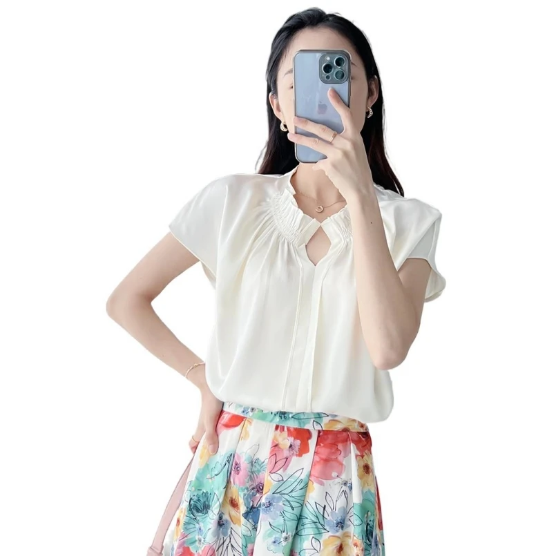 2026 New White Tie Neck Raglan Short Sleeve Shirt Women's Summer Casual Satin V-Neck Elastic Temperament Versatile Shirt top y2k