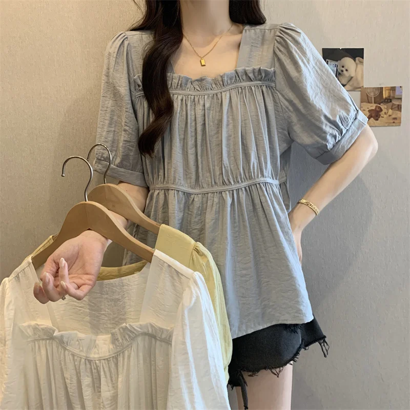 

Summer New Square Neck Personality Design Short Sleeve for Women Plus Size Loose Single Top