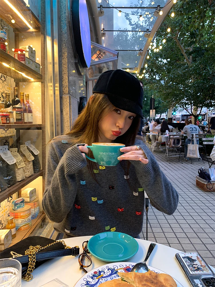 여성용 풀 울 그레이 니트 스웨터 겨울 패션 스몰 사이즈 비즈 장식 스트레이트 컷 출퇴근 스타일 보온