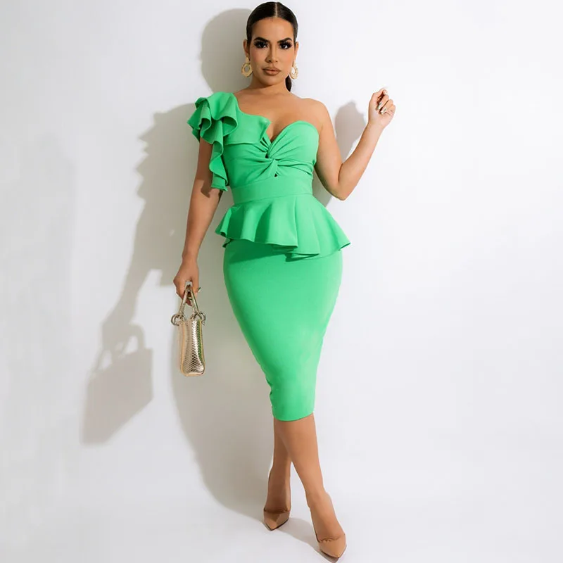 

Sexy One Shoulder Cocktail Party Pencil Dress Women Elegant Nightclub Ruffles Peplum Knee-length Bodycon Midi Dress Business