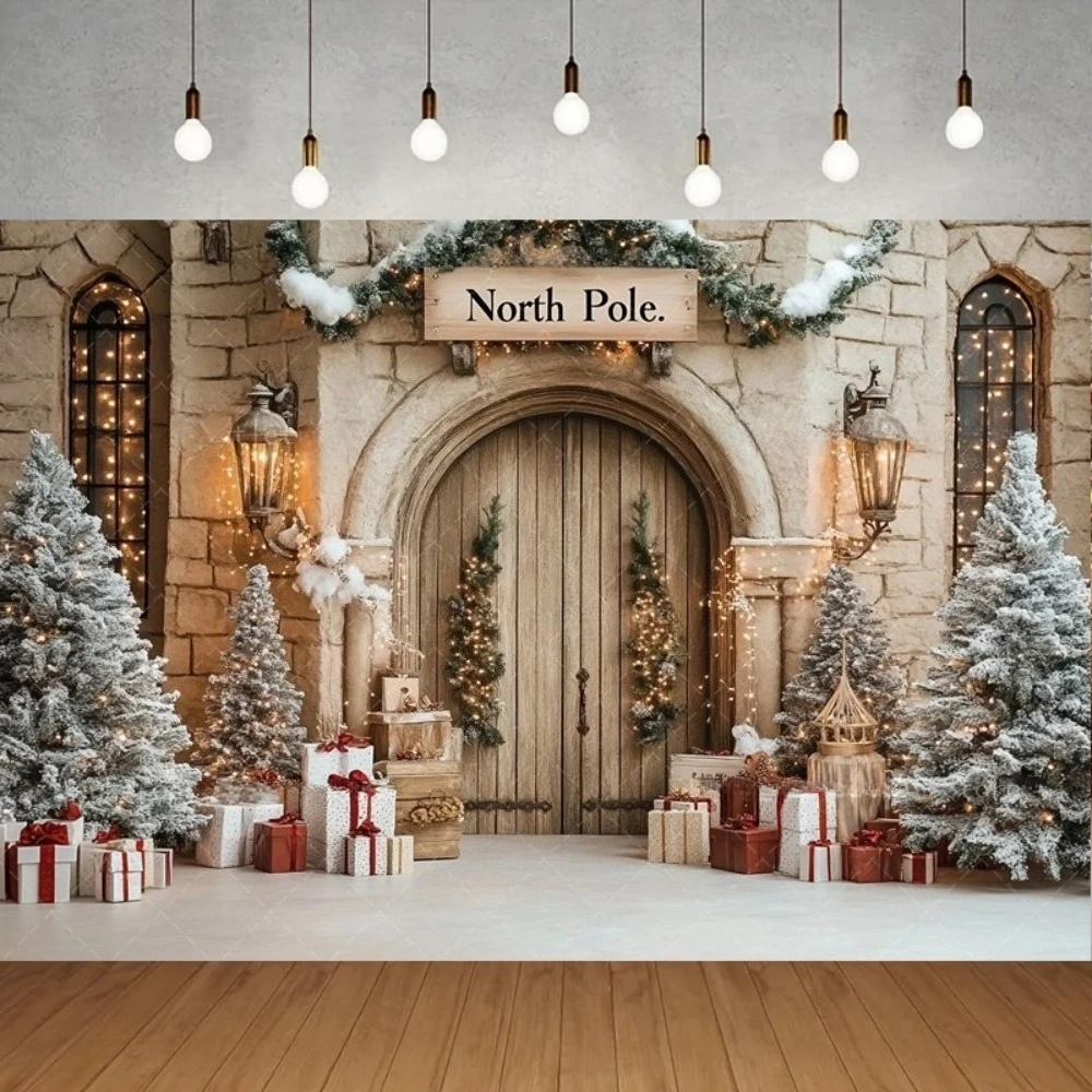 

Christmas wreath gift banner background photo, Arctic Christmas tree wooden door, children family gathering shooting background