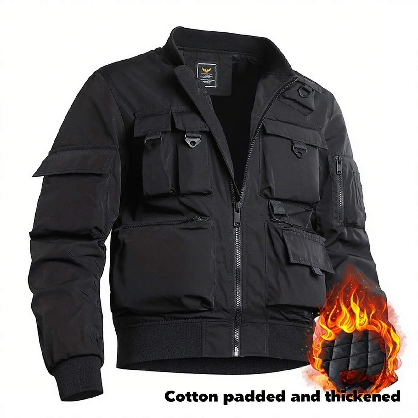 

Thickened Men’s Bomber Jacket with Multi-Pocket, Windproof Padded Mans Aviator Jackets, Retro Functional Moto Jacket for Man