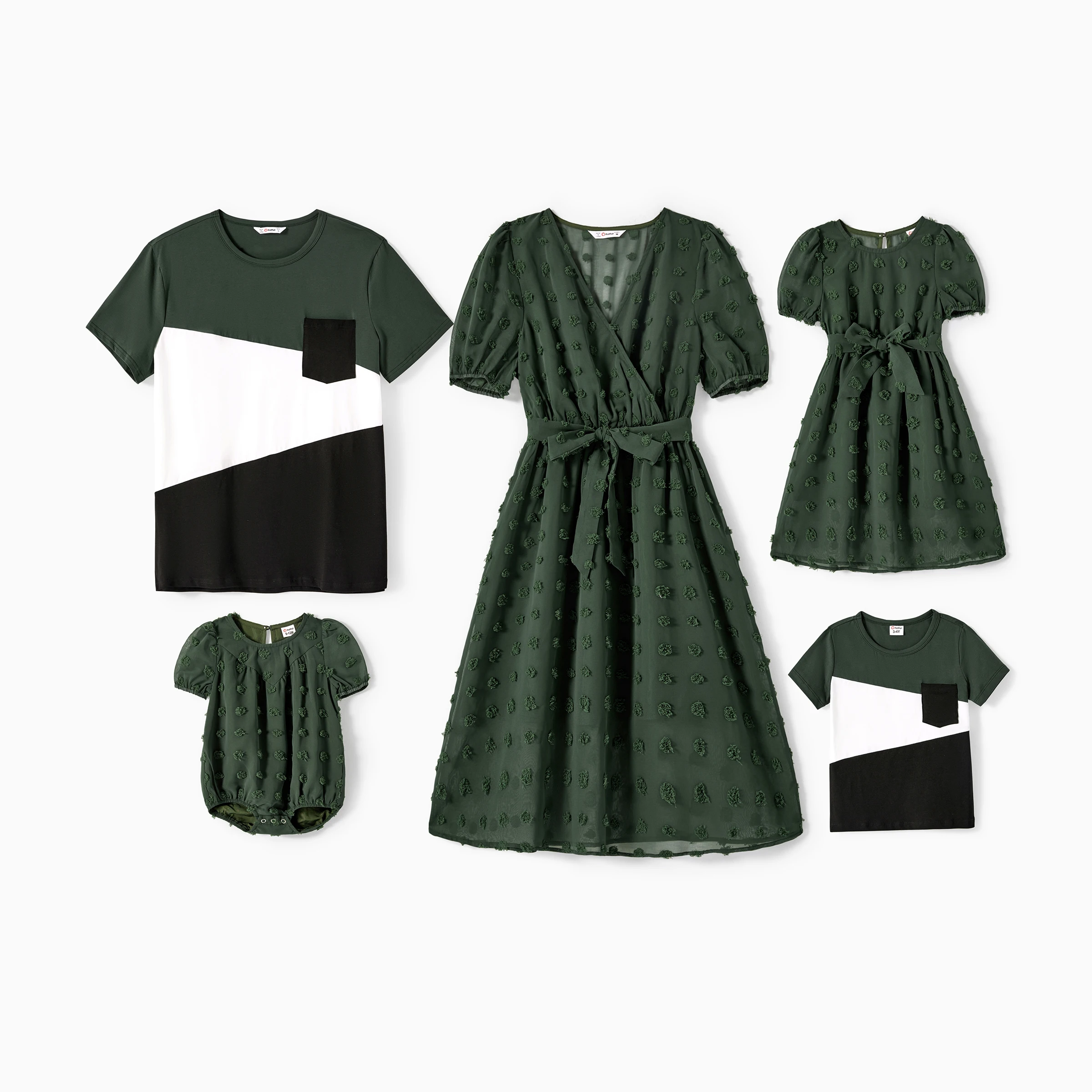 

PatPat Семейные комплекты одинаковых армейских зеленых швейцарских точек с перекрестными запахами и V-образным вырезом с короткими рукавами и футболки с цветными блоками