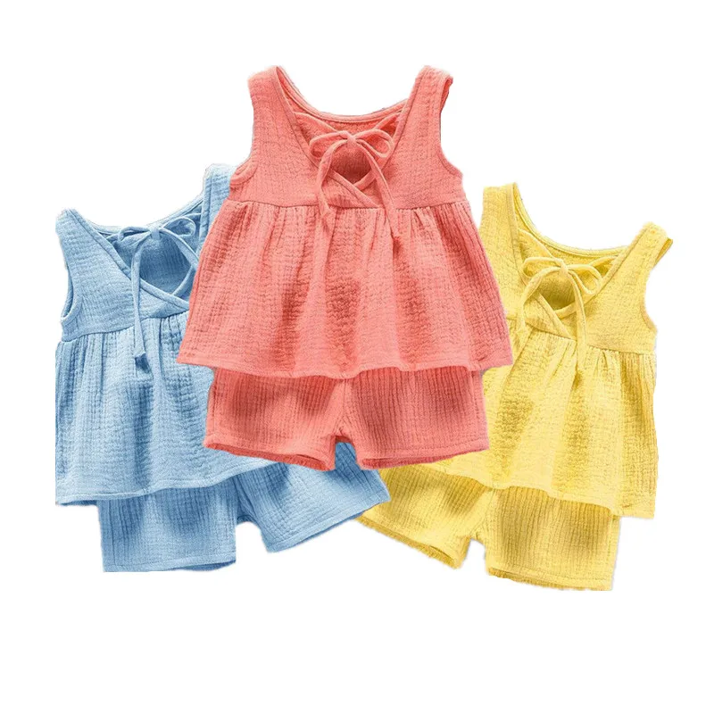 Baby Girls Outfits Clothes Summer Muslin Cotton Sleeveless Vest Dress Shorts Shirt Suits Fashion Top+Trousers Sets 2pcs 0-4T