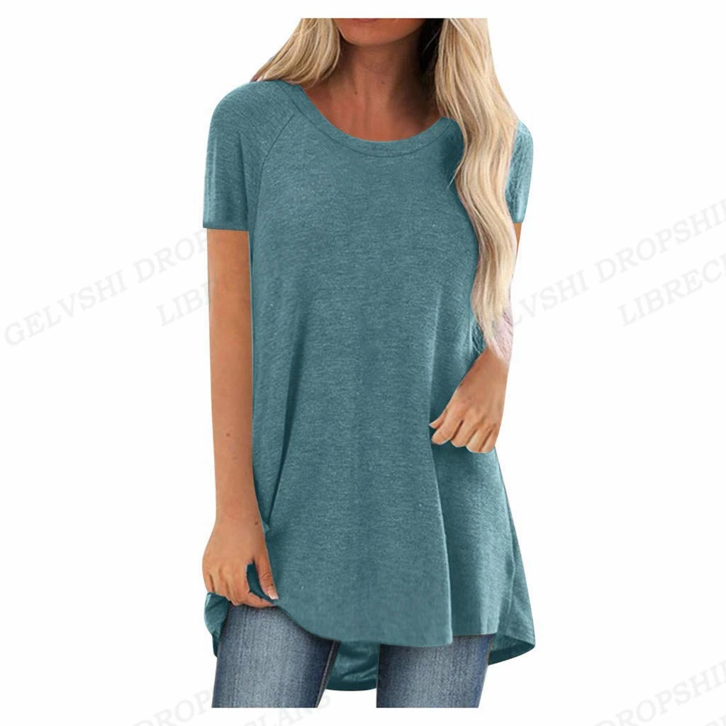 Solid Color Loose Long T shirt Women Fashion T-shirts 2023 Summer Women\'s T-shirt Women\'s Clothing short sleeve Tshirt Tunic Top