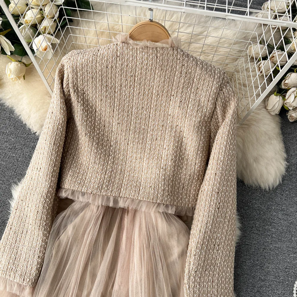 Luxury Elegant Women Dress Sets Short Coats+Spaghetti Strap Tulle Dresses 2023 New Spring Autumn Female Two-Piece Suits