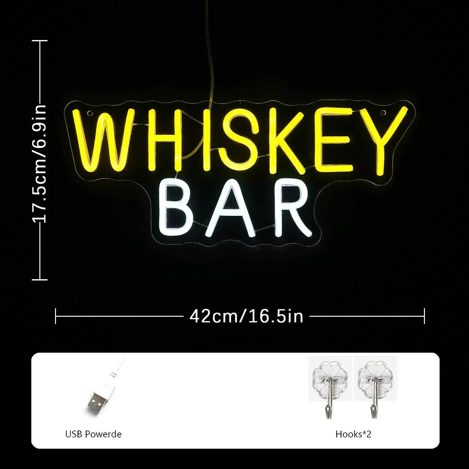 Whiskey Bar Neon Sign LED Wall Art USB Powered  Lamp Yellow White Illuminated Decor Man Cave Home Pub Party Aesthetic Light