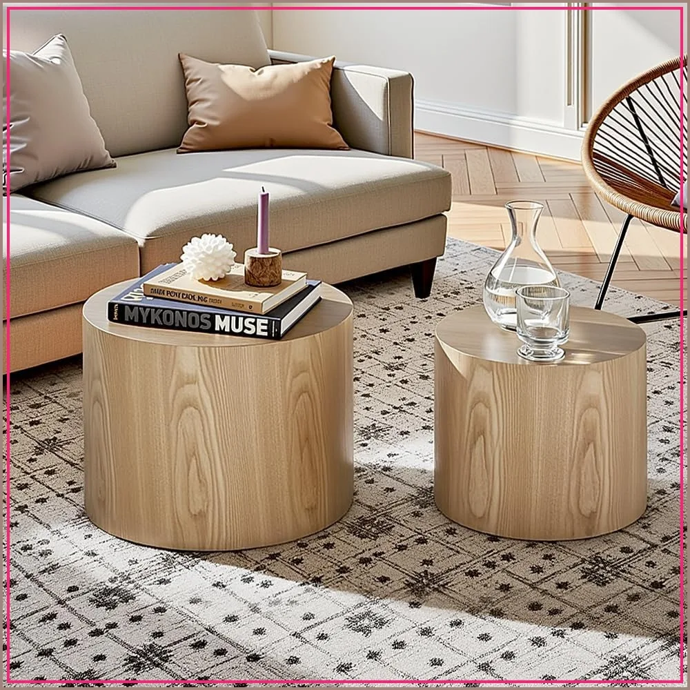 Nesting Coffee Table Set of 2, Modern Round Oak Accent Tables for Small Spaces