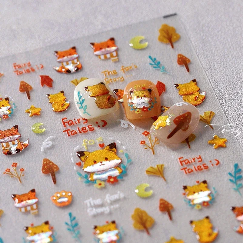 Autumn Squirrel Fox Moon Tree Yellow Maple Leaves Star Scarf Paw Fairy Tales Ginkgo Rose Flower Bunny Hot Nail Art Sticker Decal