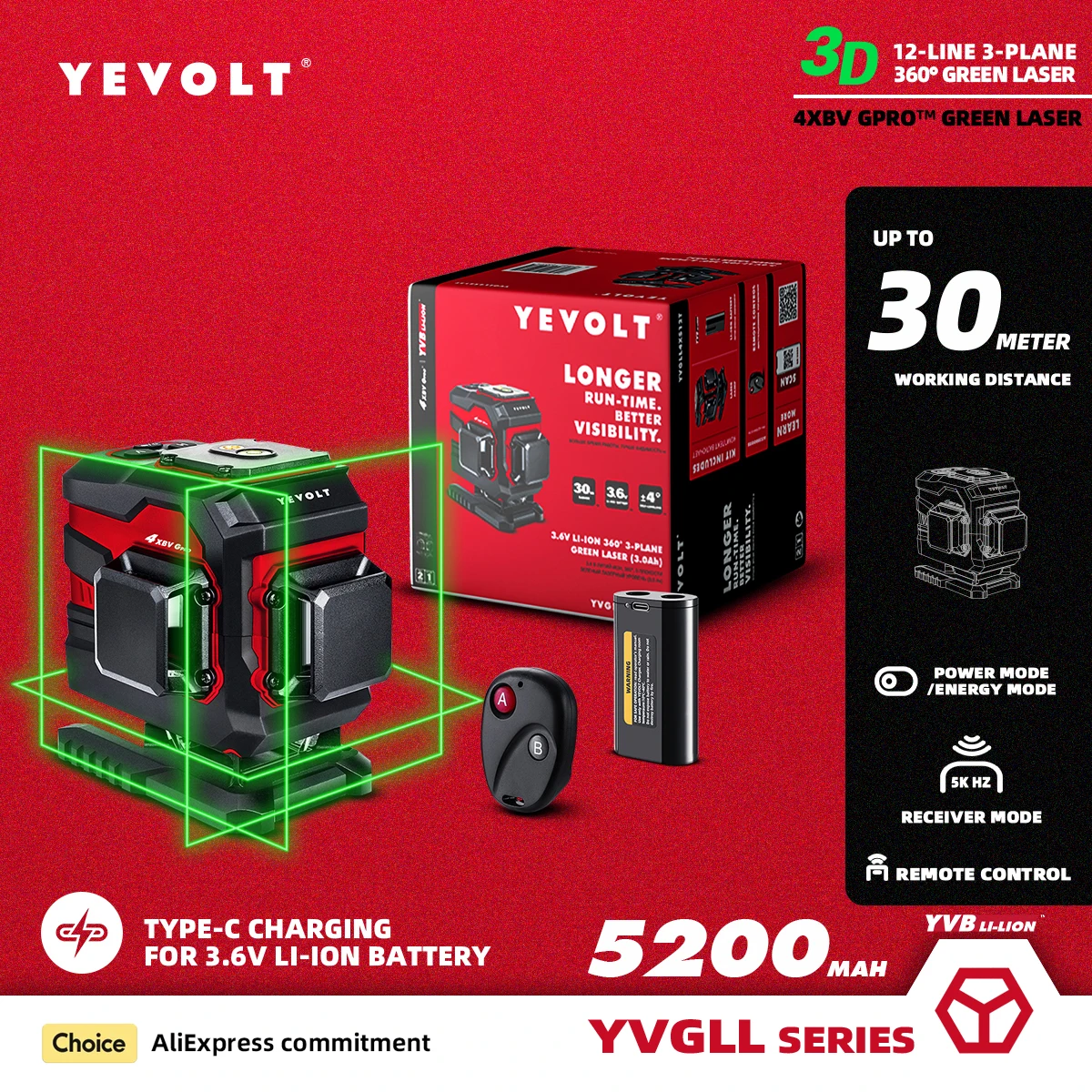 YEVOLT YVGLL4XS12TPRO Green Laser Level 3-Plane 12-Line Self-leveling 360 3D Horizontal & Vertical 3.6V 5.2Ah Power Tools