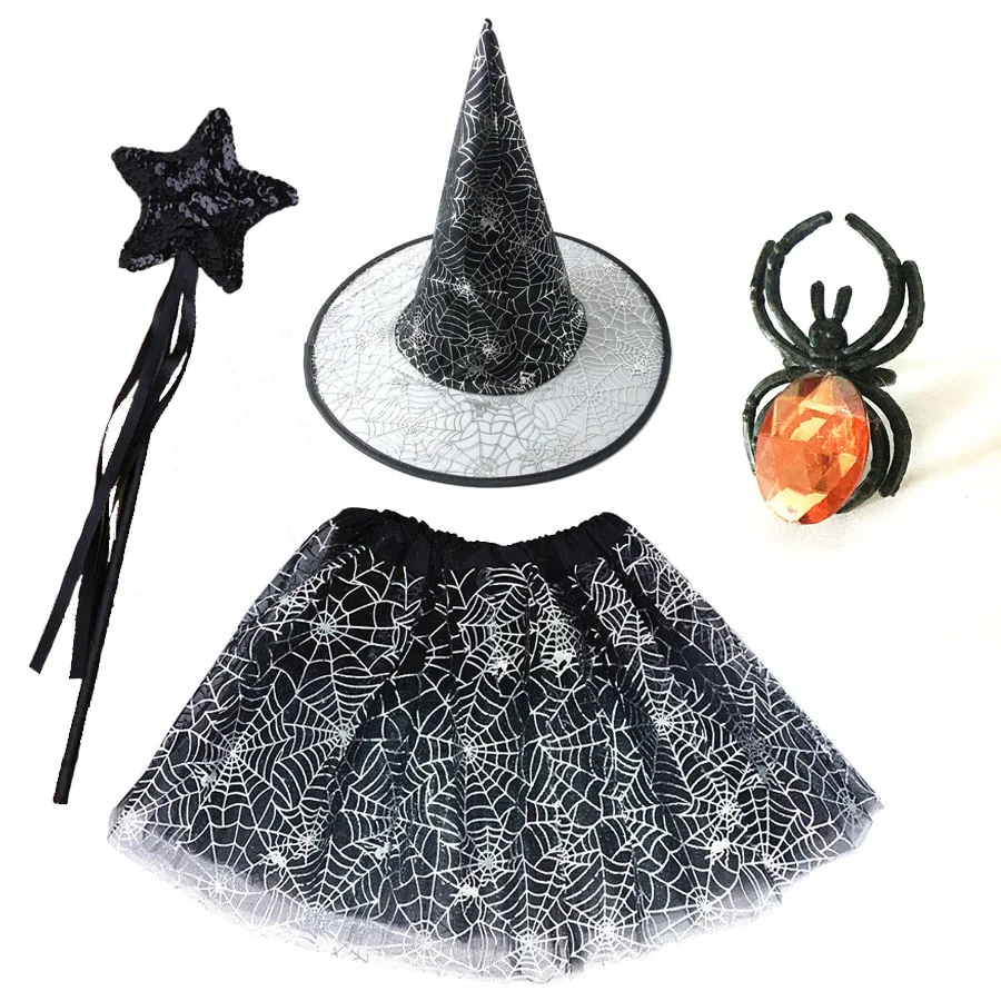 Witch Wizard Suit Clothes Spider Web Skirt Cobweb Rings Wands Hat Party Outfits Carnival  Cosplay Kids Girls  Wedding Festival