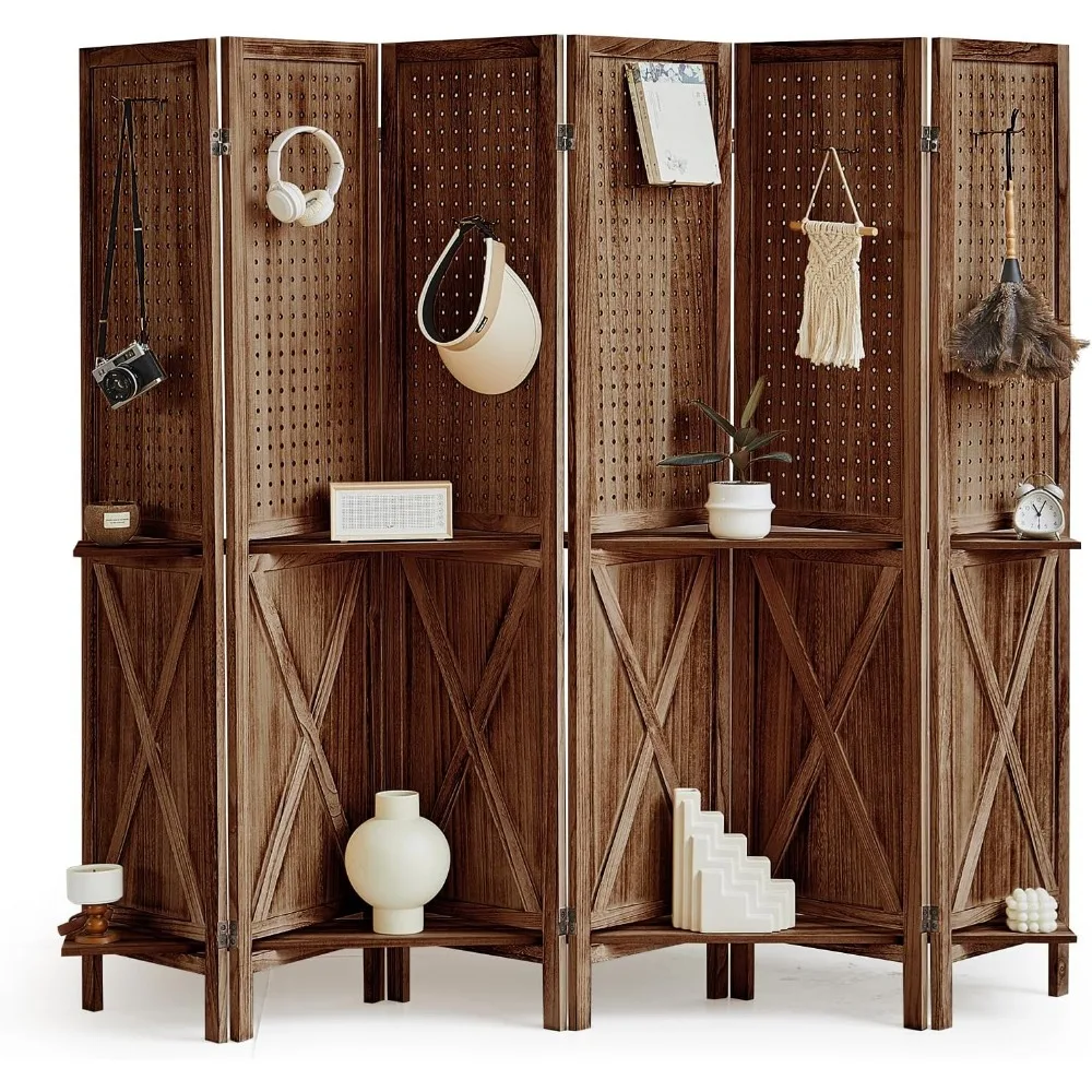 

6 Panel Room Divider with Shelves, 5.6Ft Pegboard Display with 24 Hooks, Soild Wood Room Divider, Freestanding Display Board Wal