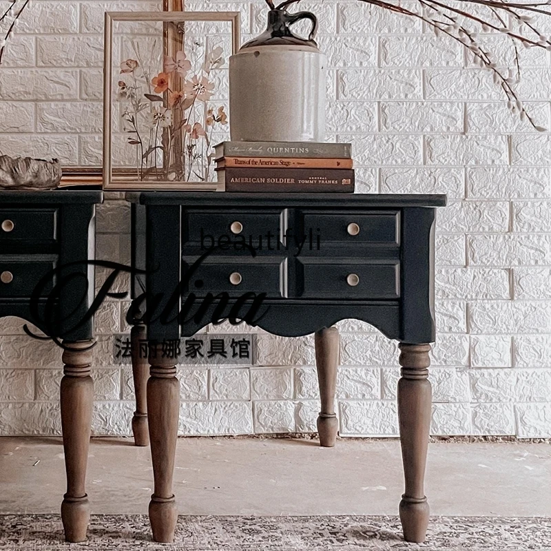 

French country retro style bedside table antique black high-end bedroom locker American style, chest of drawers