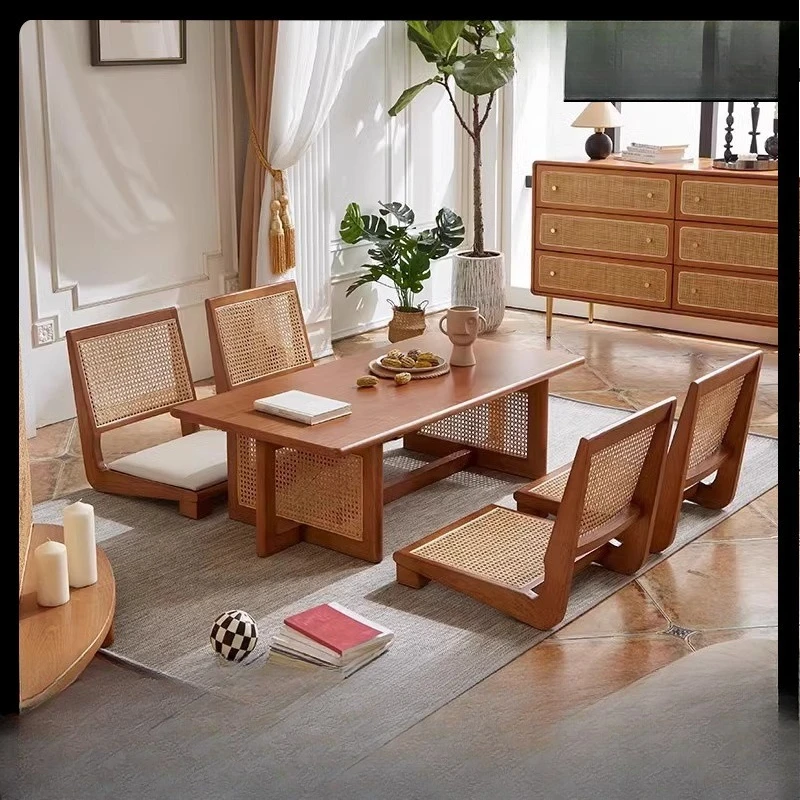 

Japanese coffee table solid wood rattan tea room tatami table and chair combination new Chinese zen tea table balcony low tea ta