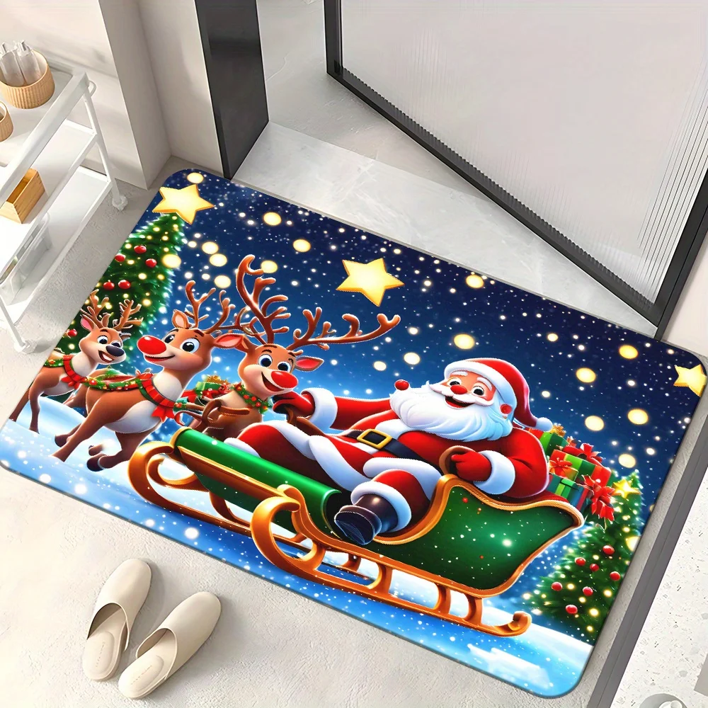 1pc 2D Flat Santa & Reindeer Rug, Water Absorbent & Washable, Multi-Purpose Holiday Decor